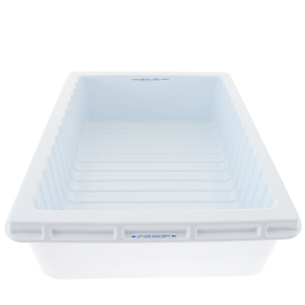 A white plastic container with blue writing and a lid.