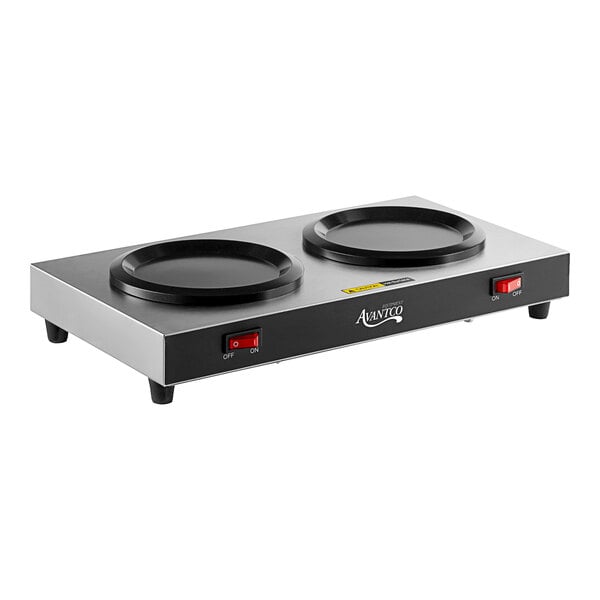 An Avantco black and silver electric double burner with two round black plates.