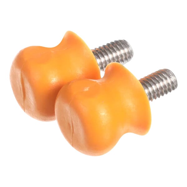 A pair of orange plastic Zumex peel ejector pivot holders with screws.