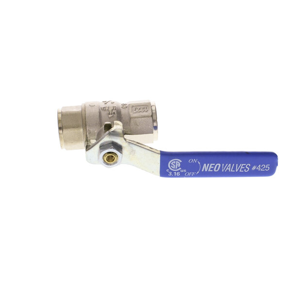 A Cleveland chrome drain valve with a blue handle.