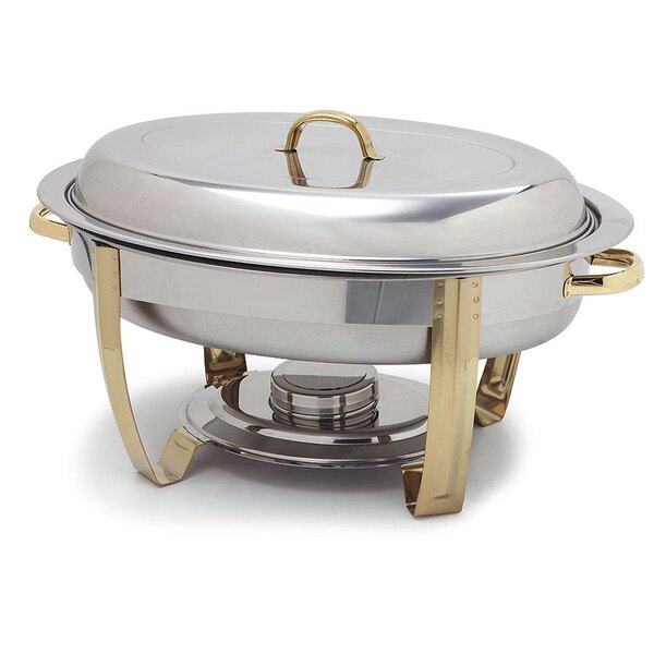 Oval stainless steel chafing dish with gold legs and handle