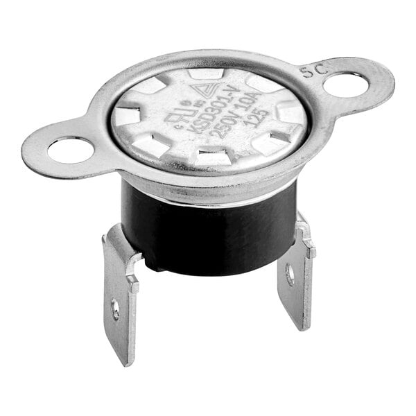 A close-up of a Moffat thermal switch with a black and silver cover.