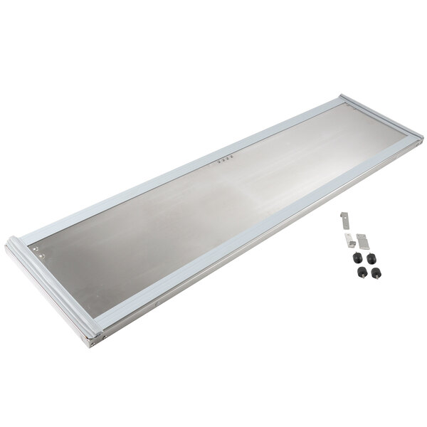 A stainless steel Beverage-Air door with screws and hardware.