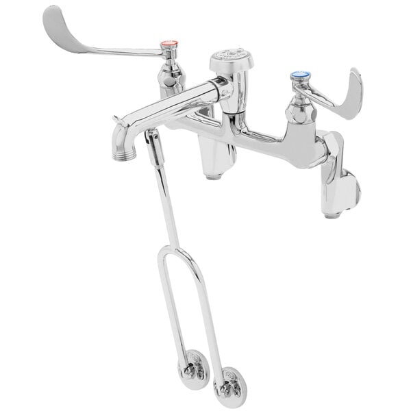 A chrome T&S wall mount mop sink faucet with wrist handles and a hose outlet.
