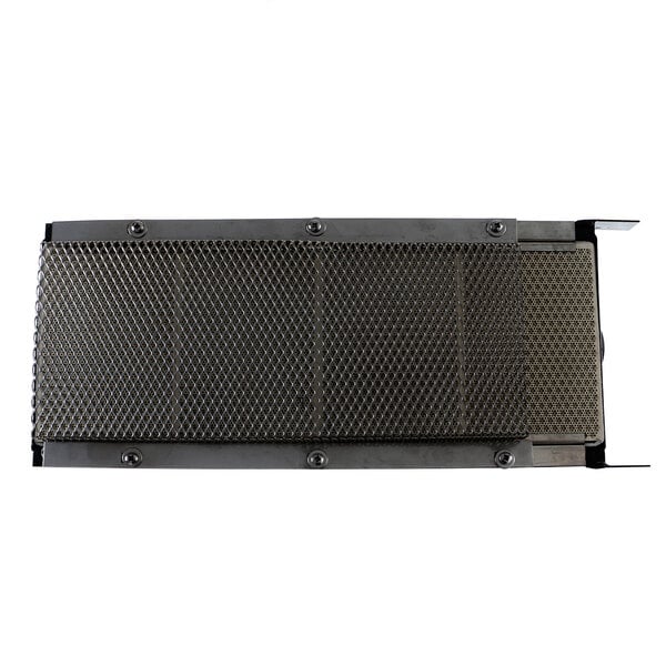 A black metal meshed surface with holes.