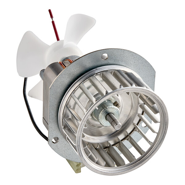A Henny Penny 120v motor with a small metal fan and white and clear plastic blades.