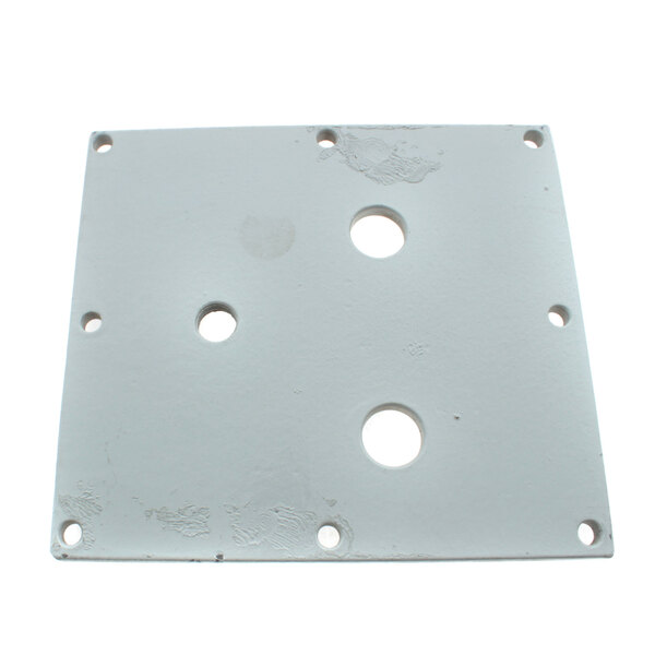 A white metal mounting plate with holes in it.