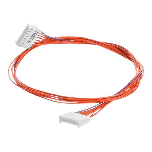 An orange cable with two wires and a white connector attached to a white device.