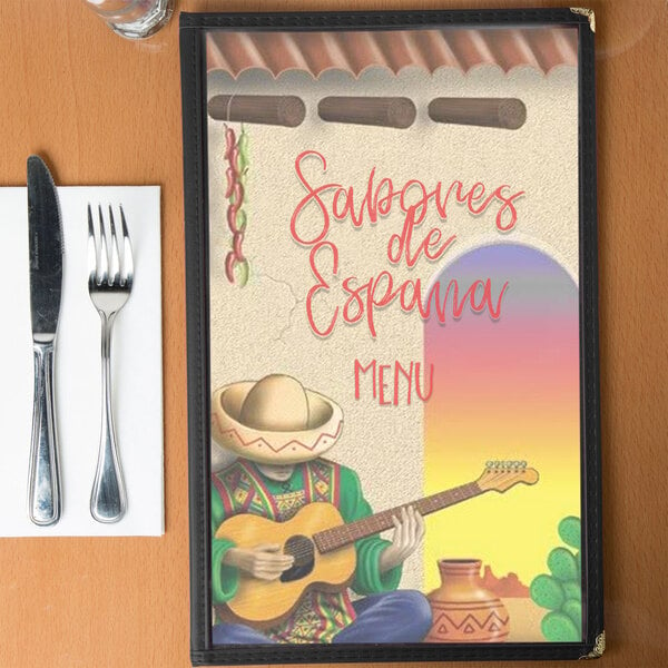 A white menu with a Southwest themed Mariachi design of a man playing a guitar.