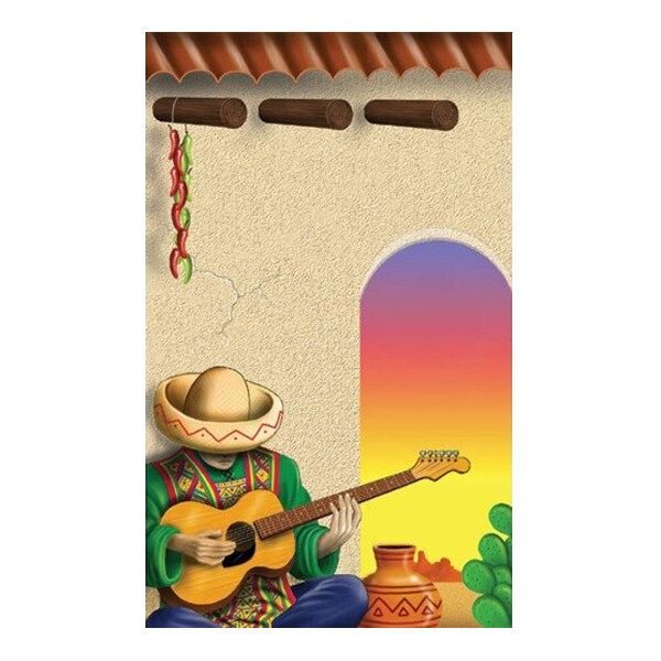 An illustration of a person wearing a sombrero and colorful clothing playing a guitar, sitting next to a clay pot and cactus, with a sunset visible through an arched window and chili peppers hanging from the roof.