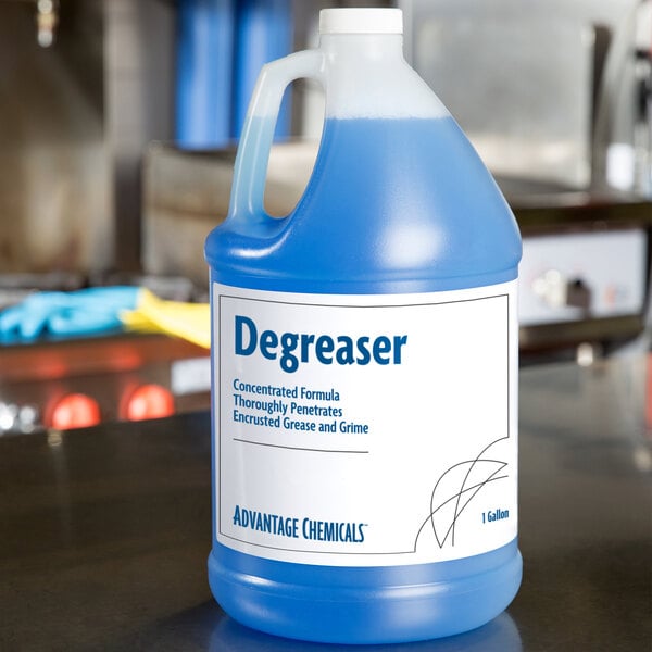 A case of Advantage Chemicals concentrated degreaser on a counter.