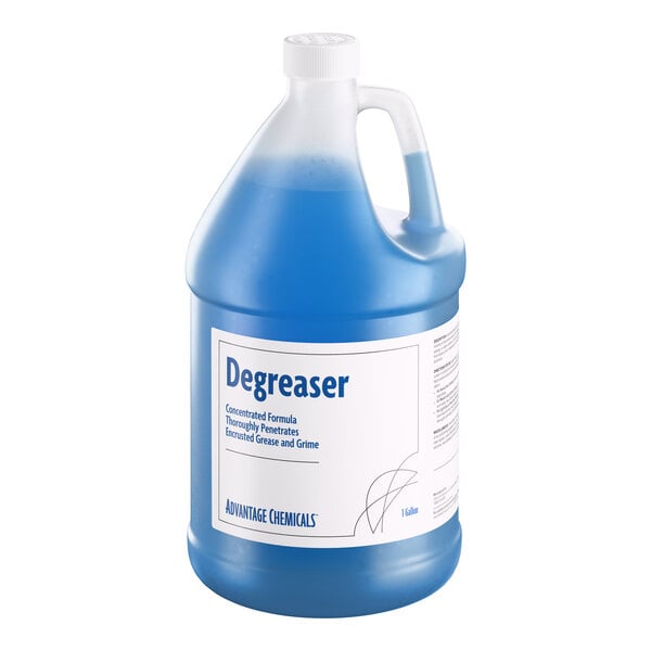 A one-gallon container of Advantage Chemicals concentrated degreaser with a blue liquid inside.