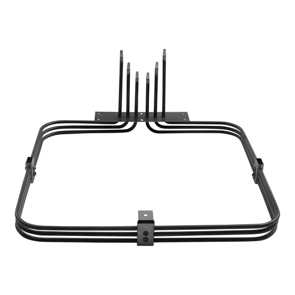 A black wire rectangular rack with many metal rods and four hooks.