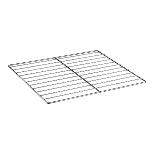 A chrome wire shelf with a grid on it.