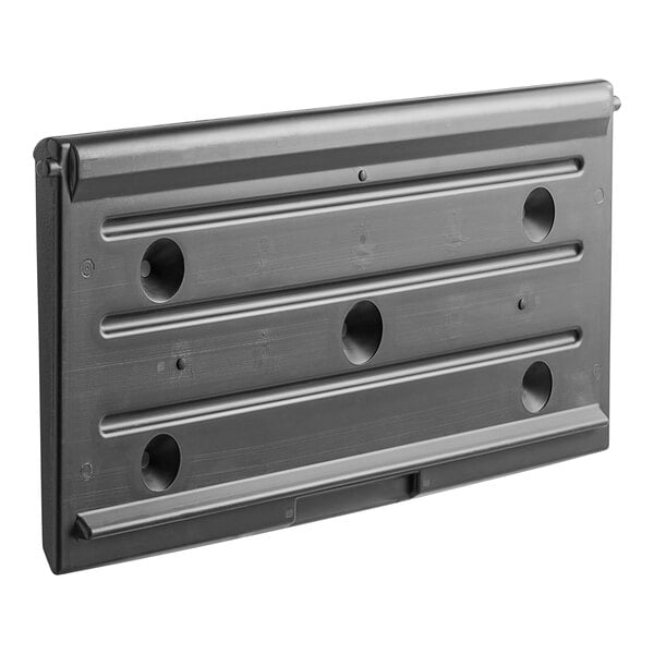 A black metal Scotsman bin door bracket with holes.