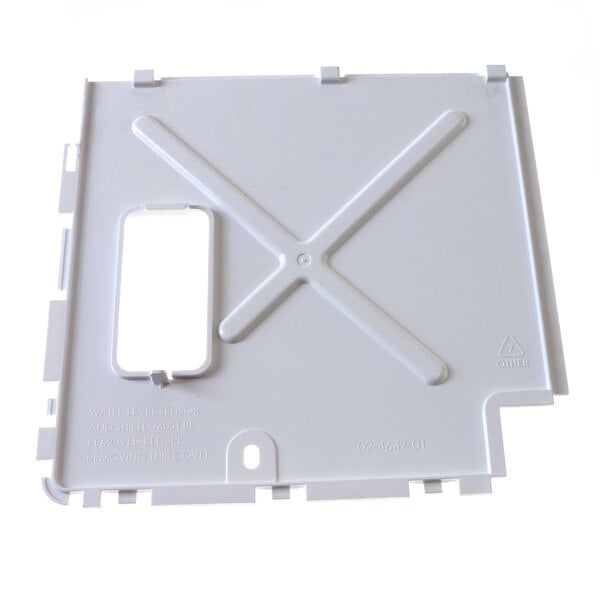 A white plastic rectangular sump cover with a cross-shaped hole.