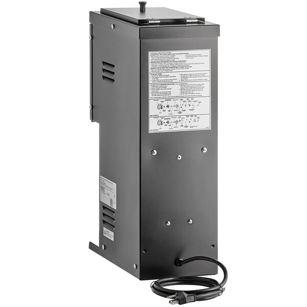 A black Grindmaster coffee grinder box with a black cord.