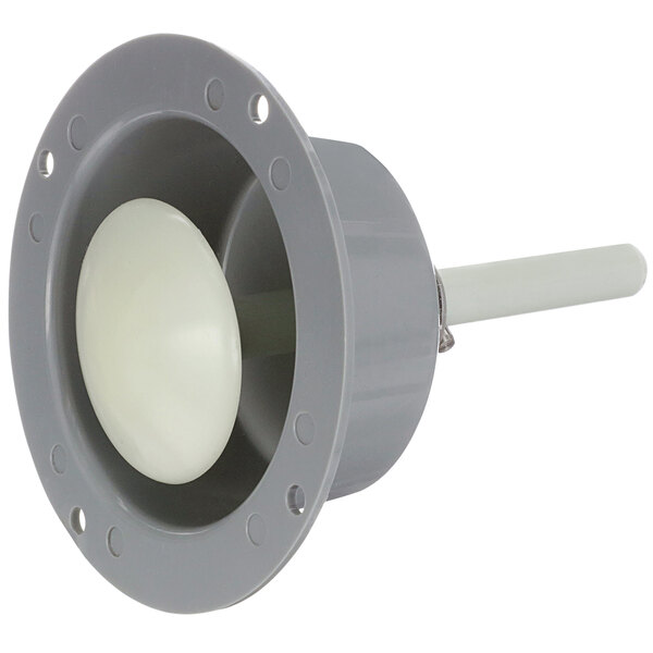 A grey latch with a white release circle inside.