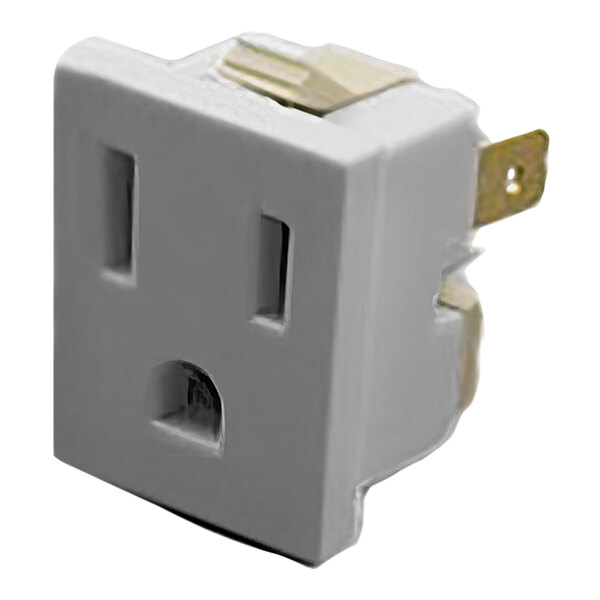 A white electrical outlet with a square face and a metal strip.