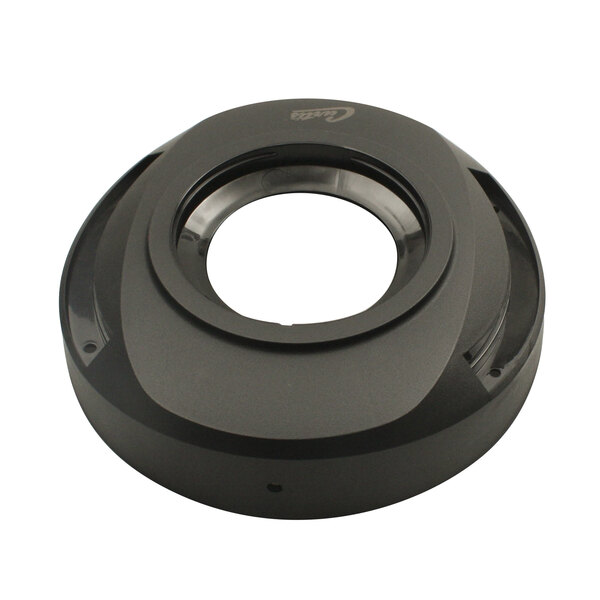 A black circular Wilbur Curtis top server lid with a round hole on a white background.