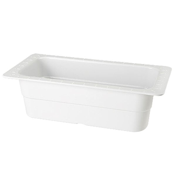 A white melamine food pan with a lid.