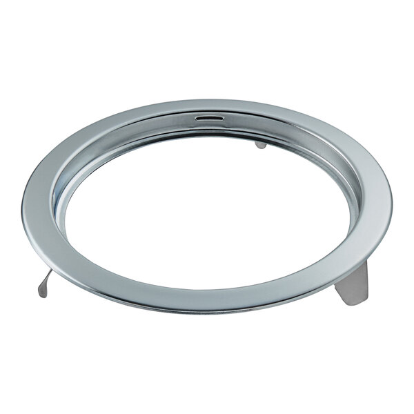 A chrome plated round ring with two legs.