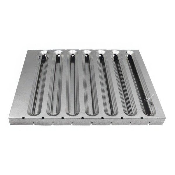 A Kason baffle filter with metal rods and holes on a metal plate.