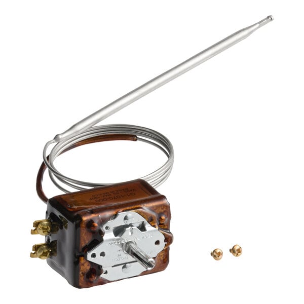 A Vulcan thermostat with a metal cable attached.