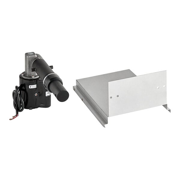 A black and silver Baxter actuator with a black metal pipe attached.