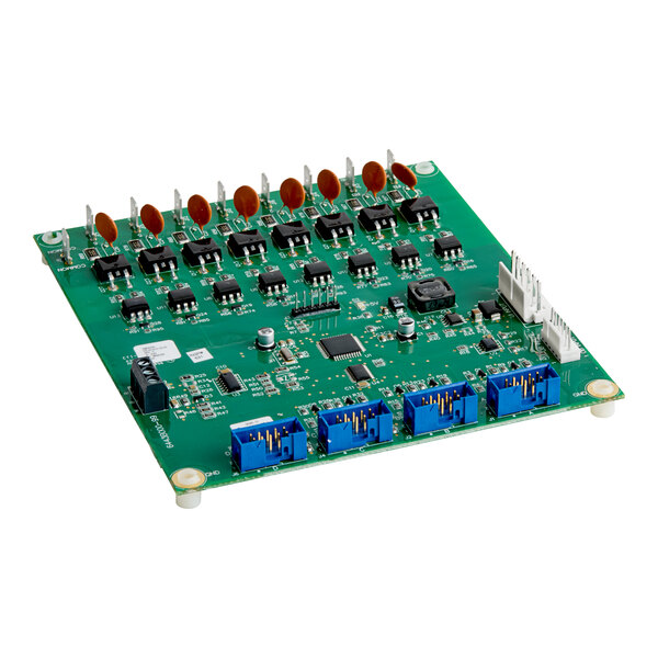 A green Hatco relay board with many small black and blue electronic components.
