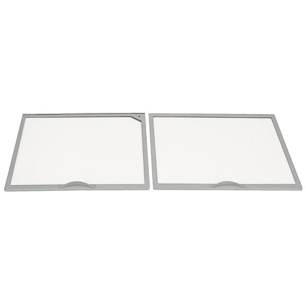 A pair of white rectangular frames with square glass lids.