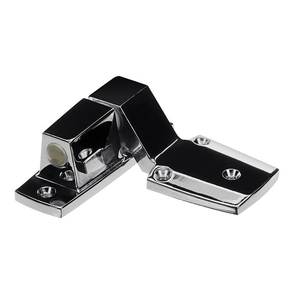 A close-up of a pair of polished chrome Component Hardware door hinges.