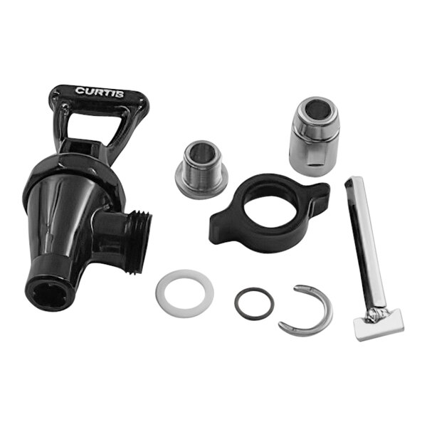 A black and silver metal Wilbur Curtis faucet with a metal rod and fittings.