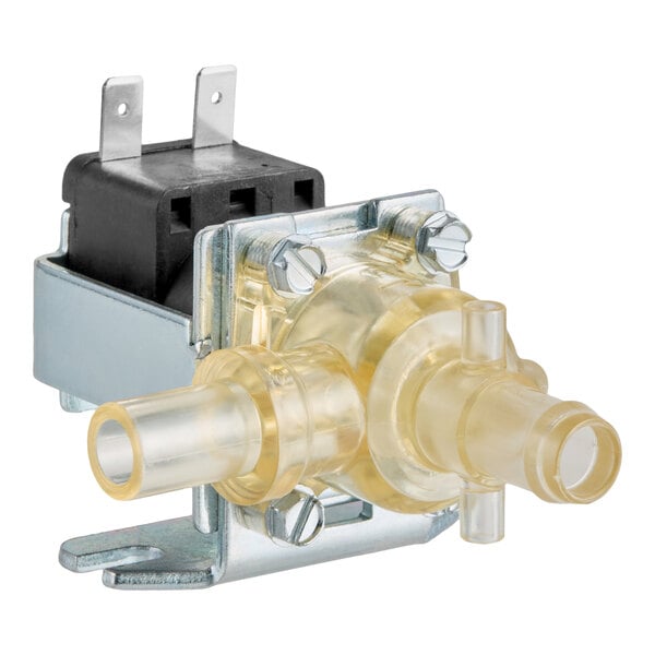 A Bunn 27370.0001 dispensing valve with a plastic body and metal mounting bracket.