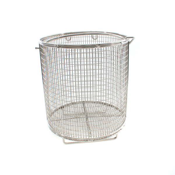 A stainless steel wire basket with a handle.