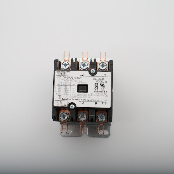 A Lang 4-pole contactor with wires and a white label.