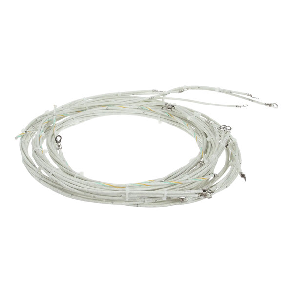 A Lang wire harness with a white cable and connector with two silver wires.