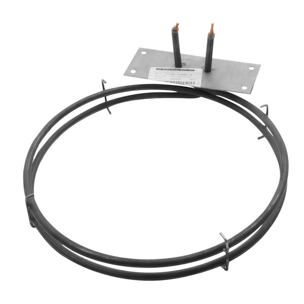 A black metal Lang 240v element with a round metal ring and two wires attached.