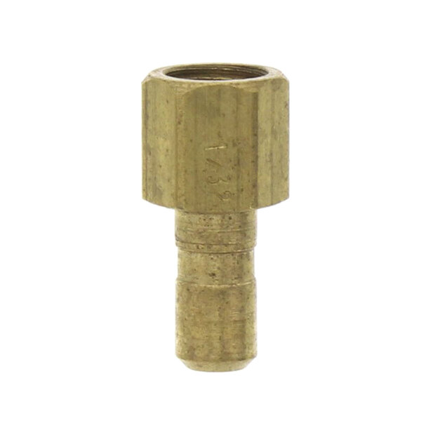 A close-up of a brass nut on a brass pipe.