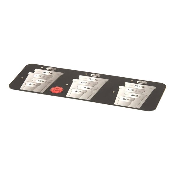 A black rectangular membrane switch with silver and black text.