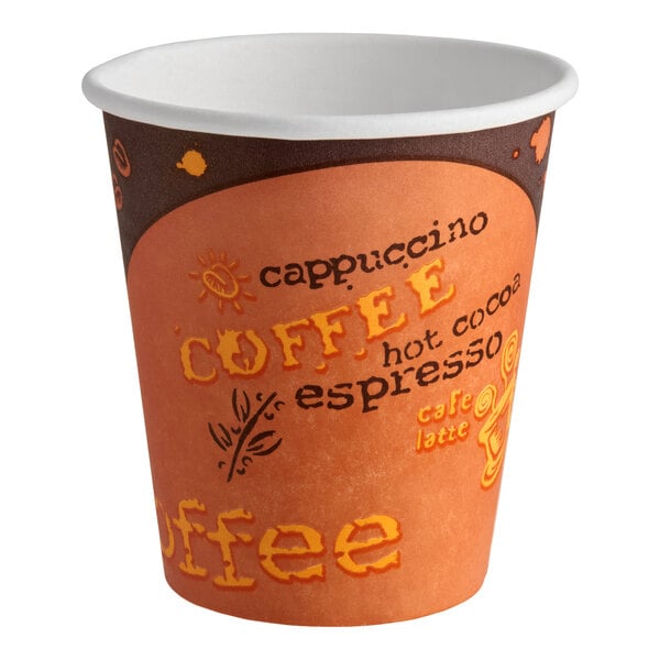 A 10 oz. paper hot cup with a coffee-themed print design.