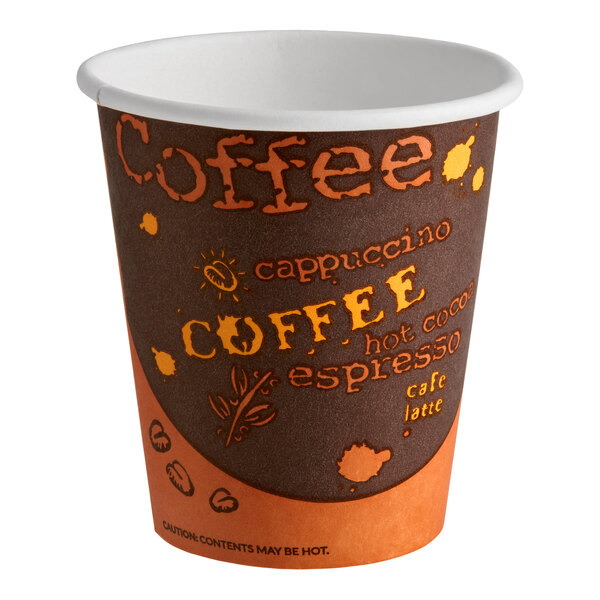 A 10 oz. paper hot cup with a coffee-themed print design.