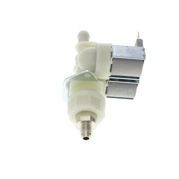 A close-up of a white plastic Bloomfield dual fill solenoid valve with metal parts.