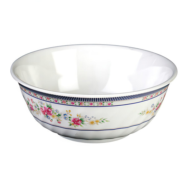 A white Thunder Group melamine bowl with a rose swirl design.