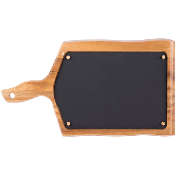 A Tablecraft rectangular acacia wood underliner with a natural wood-grain finish and a removable silicone liner.