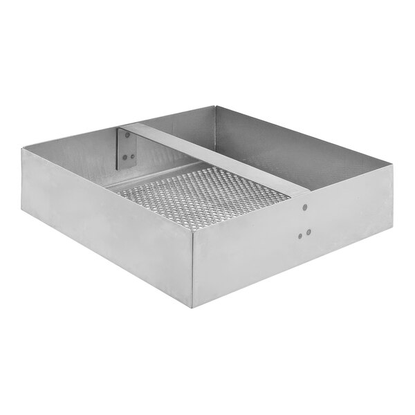 A stainless steel floor sink strainer with a metal grid.