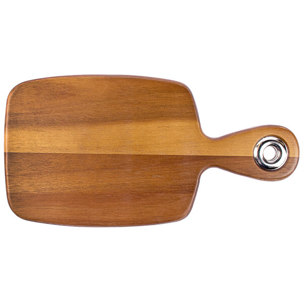 A Tablecraft acacia wood display bread board with a metal handle.