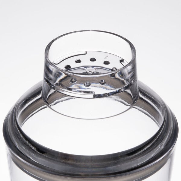 A Tablecraft clear plastic cobbler cocktail shaker.