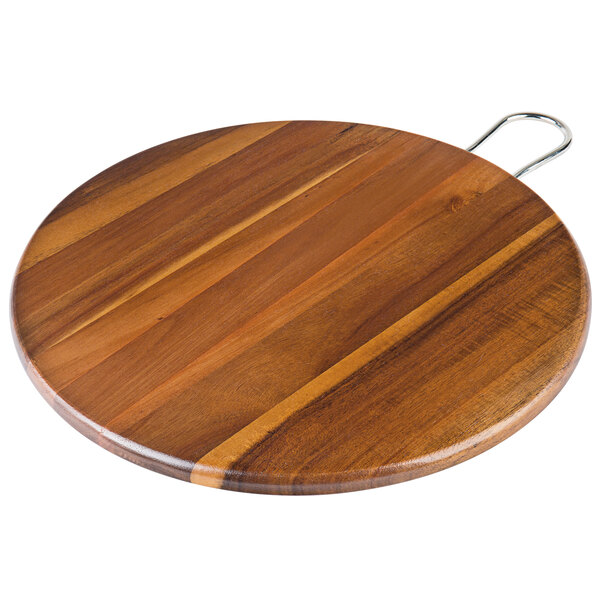A Tablecraft acacia wood round display board with a brushed nickel handle.