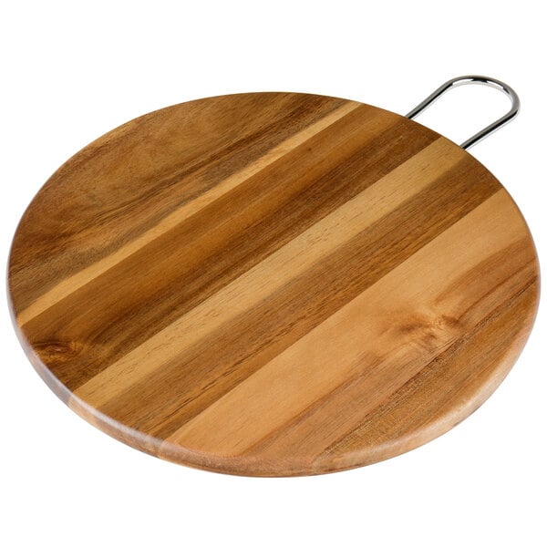 A Tablecraft acacia wood round display board with a brushed nickel handle.